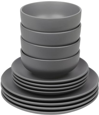 Queensway Home & Dining Stone Ceramic Dinnerware of 12/24 Pcs Crockery Plates Bowls for Dining Set, 4 Solid Colour Elegant Tableware Set - Dishwasher Safe, Dessert, Pasta, Salad Plates with Bowls