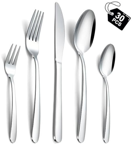Hunnycook Besteck Set 6 personen, 30 Stück Edelstahl Besteckset, Elegantes Besteckset mit Gabeln, Löffel und Tafelmesser, geeignet für Haushalt/Restaurant/Party, Spülmaschinenfest