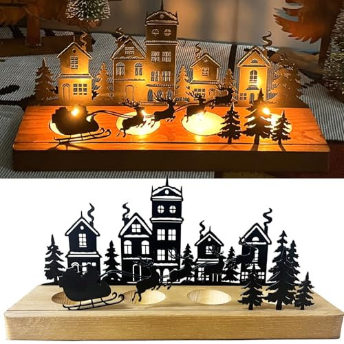 Kerzenhalter Adventskranz für 4 Teelicht, Holz Kerzenständer mit Metall Kerzentellern, Adventsgesteck, Weihnachten Kerzentablett, Advent Teelichthalter für Tischdeko Adventsdeko Weihnachtsdeko