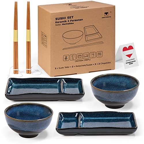 Urban Lifestyle Sushi Set for 2 Japanese Ceramic Dinner Set, Plates and Bowls Set with Reactive Glaze, 2 Plates, 2 Bowls for Sushi Rice & Miso Soup, 2 Pairs Bamboo Chopsticks Misaki (Marine Blue)