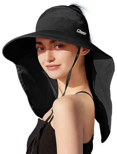 Sombrero de Sol para Mujer UV Protección Sombrero de Pesca de ala Ancha con Solapa para El Cuello Viseras de Sombrero de Plegables para Senderismo, Pesca, Viajes, Playa Negro