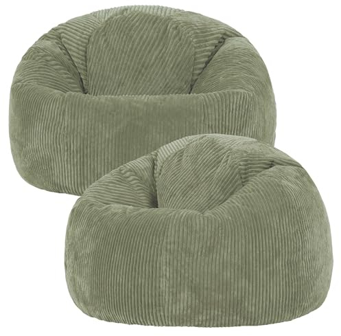 icon Kingston Cord Bean Bag with Filling Included, Set of 2, Green | Made in the UK, Adult Beanbag, Comfy Chair, Soft Corduroy Fabric, Floor Chair For Lounge and Bedroom