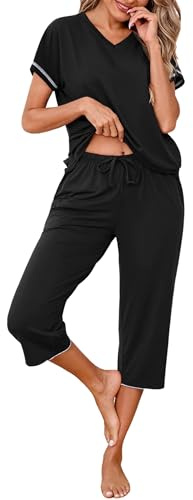 Uniexcosm Women's Pyjama Sets, Ladies Capri Pyjama Set Short Sleeve Top + Cropped Pants Comfy Pjs with Pockets Adjustable Drawstring Nightwear Sleepwear Loungewear for All Seasons Black
