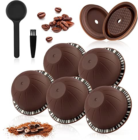 5 Pcs Reusable Vertuo Pods, 230ml Refillable Coffee Capsule,Compatible with Nespresso Vertuo & VertuoLine Coffee Machine, with 2 Pcs Reusable Coffee Capsule Lid, Spoon and Brush - Brown
