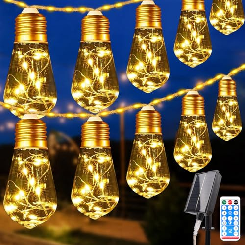 Guirnaldas Navidad Luces Exterior Solar, 5M 149 LEDs Cuerda de Cáñamo Impermeables con Control Remoto, 10 Bombillas & 8 Modos, Luces de Jardín para Patio, Hogar Boda Decoración de Fiestas Navidad