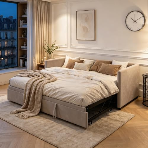EZSSW Divano Letto Matrimoniale,Divano Letto Estraibile, Letto Imbottito 90/180x200 Cm, Multifunzionale 2 in 1, Letto con Rete a Doghe, Tessuto in Velluto, Senza Materasso (Grigio, 90/180x200 Cm)