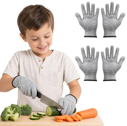 Guanti Antitaglio Livello 5 per Bambini 5-8 Anni, 16 cm XXS – 2 Coppie Guanti da Lavoro Anti Taglio, Guanti Protettivi per Cucina e Lavori Manuali, Grigio