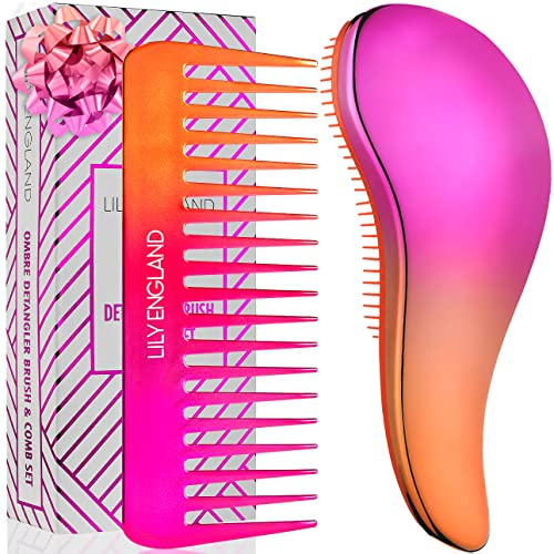 Haarbürste ohne Ziepen und Lockenkamm Set - Rosa-Orange Entwirrbürste und Kamm für Locken, Glattes, Dickes, Dünnes Haar - Die Perfekte Detangler Bürste und Kamm für Frauen und Kinder von Lily England