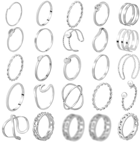 ONESING 25 Pcs Knuckle Rings for Women Stackable Rings Set Vintage Joint Rings Carved Flowers Silver