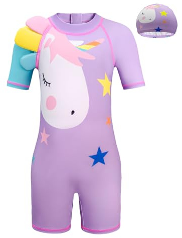 Moneric Traje de baño de una pieza con protección UV para niñas, traje de baño de unicornio para niños, traje de baño de protección contra erupciones para niños con gorra, S003-púrpura, 10-11 Años