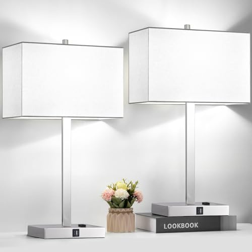 21 Set of 2 Touch Control Table Lamps with 2 USB & AC Outlets, 3-Way Dimmable Modern Nightstand Lamps for Bedroom Living Room Office Reading, White Shade Bedside Lamps, 5000K LED Bulbs Included.