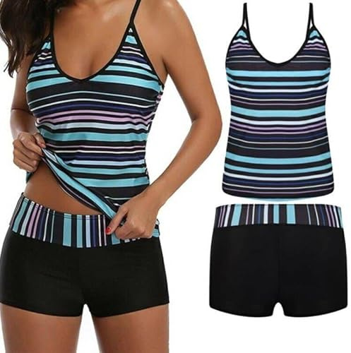 Women’s Two Piece Swimwear Gradient Color Tankini Set Top with Shorts Low Waist Sporty Swimsuit Bikini (UK, Numeric, 16, Regular, Regular, Blue+Black)