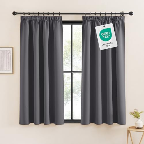 KGORGE Mörkläggningsgardiner med veckband, kort, termogardin, ogenomskinliga fönstergardiner, grå, set om 2, H x B 160 x 140 cm, sovrum, termiska gardiner för skensystem