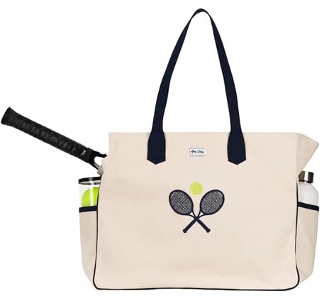 Ame & Lulu Love All Court Bag - Premium Tennis Tote with Racket Pocket, Water Bottle Holders, Protective Metal Feet, & Canvas Design - Perfect for Matches, Workouts, & Everyday Use (Classic Racquets)