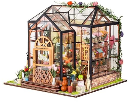 DIY bokhinkssats, gör-det-själv dockhus miniatyrhus Booknook bokhylla infoga dekor gränd, bokstöd modell byggkreativitet kit med LED-ljus och dammskydd (Jenny Greenhouse) (Jenny Greenhouse)