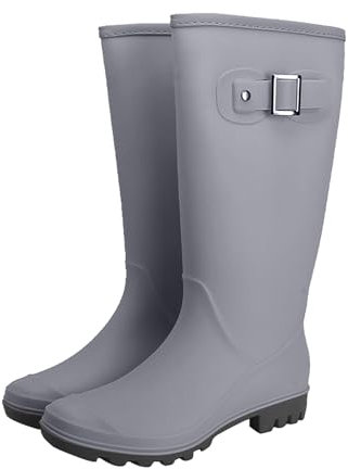 SRTUMEY Wellington Boots Ms. Korean Fashion Buckle Rain Shoes Outside The High Non Slip Wear Water Boots Adult Rubber Shoes Women's Wellington Grey