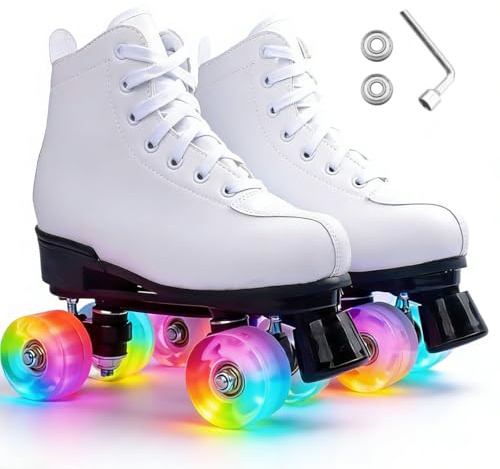 ERNAN Patins à roulettes 4 Roues,Haut Classique Patins,Rollers parallèles avec Roues Lumineuses, Roues pour Adultes, Enfants, débutants (Taille 35-43) (White, 42)