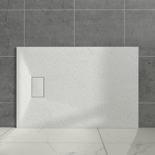 Aquariss White Rectangular Shower Tray Slate Effect SMC Slip-Resistant Shower Base for Bathroom Enclosures 1200x800mm with Waste