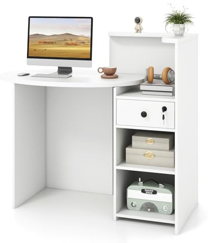 COSTWAY Reception Desk, Front Counter Desk with Lockable Drawer and Adjustable Shelf, Corner Cashier Retail Checkout Table Computer Desk for Beauty Salon Lobby (White, Left Tabletop)