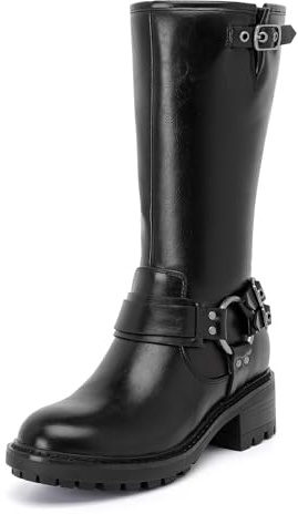Ruiee Mid Calf Boots for Women Flat Casual Round Toe Fashion Calf High Boot Buckle Dressy Fall and Winter Low Heeled Womens Boots. 240973 Black PU Size10