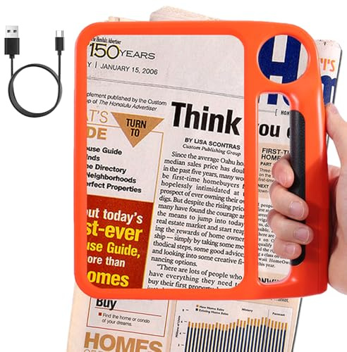 5X 10X Full Page Magnifying Glass for Reading, Rechargeable with 48 Adjustable LED Lights & 3 Light Modes, Comfort-Grip & Lightweight Handheld Magnifier for Seniors, Reading Aid, Low Vision(Orange)