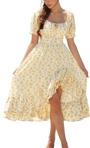 SCARLET DARKNESS Vestito Estivo Lungo Donna Elegante Vittoriano con Stampa, Maniche a Palloncino, Scollatura Quadrata e Vita Stretta