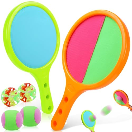 BSTDAYEVER Balle Raquette Scratch Jeux de Lancer et D'attraper Enfants Lancer Catch Ball Jouet 2Pcs Jeu de Raquette Plage Balles Raquettes avec 4 Balles pour Jardin Extérieur Cour Piscine Plage