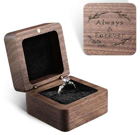 Wood Ring Box Rustic Vintage Wooden Engraved Box Storage Rings Earrings Cufflinks Jewelry Ring Holder Box for Wedding Ceremony Engagement Proposal Anniversary Birthday Gift (Square 1 Slot)