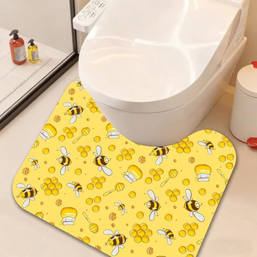 ENSFTF Large Toilet Mat, U-shape Non-Slip Washable Toilet Rugs,Water Absorbent bath mat, 50 x 60 cm,Bee Pattern