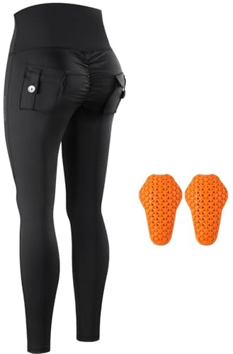 XFNWT Pantaloni da motociclista da donna, leggings cargo protettivi per yoga con armatura CE, collant elasticizzati a vita alta con ginocchiere rimovibili per moto sportive, guida,Black-S