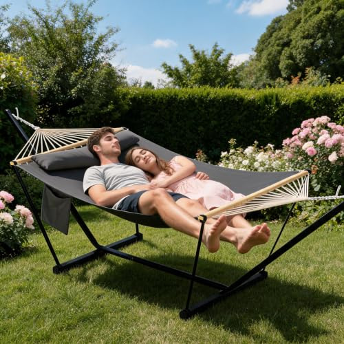 Hamac double de 3,7 m avec cadre en acier - Charge maximale de 200 kg - Résistant aux intempéries et respirant - Avec coussin et poche latérale - Pour 2 personnes - Pour terrasse, balcon et camping
