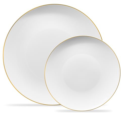 PLASTICPRO 32 Piece Combo Plates Set includes 16-7'' inch Plate & 16-10'' inch Plates White Plastic Organic Party Plate With Gold Rim, Premium heavyweight Elegant, Tableware, Dishes,