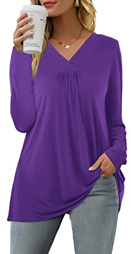 Florboom Women's T-Shirts V Neck Long Sleeve Tunic Tops Plain Pullover Purple 20 22