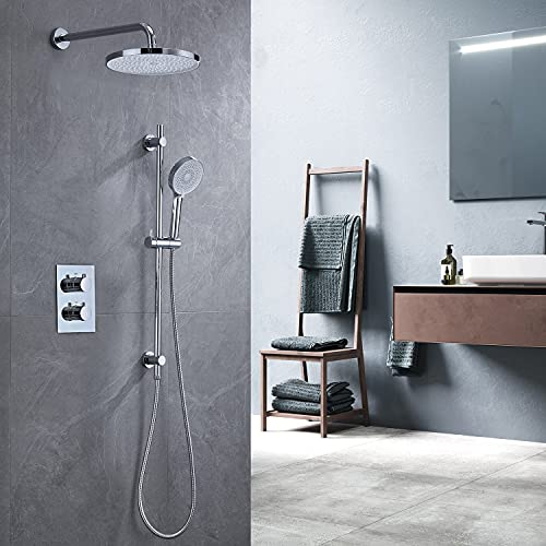 CREA Regendusche Unterputz Duschsystem mit Thermostat, Duscharmatur Unterputz mit Regendusche, Unterputzarmatur Dusche mit 2 Funktionen Handbrause, Duschamaturenset Thermostat mit Brausestange, Chrom