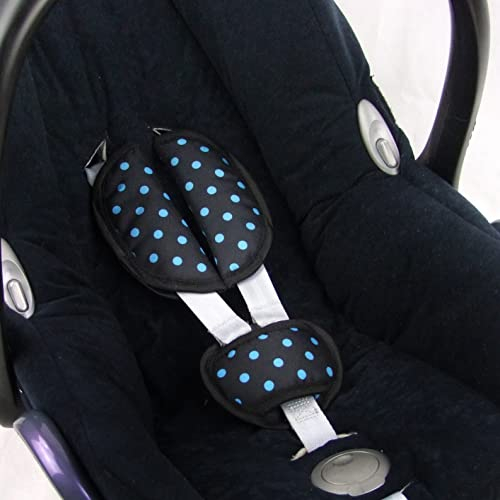 BAMBINIWELT Gurtpolster Set universal für Babyschale Autositz kompatibel z.B. mit Maxi Cosi Cybex Punkte (schwarz blaue Punkte)