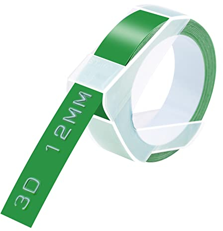 Cruxer Prägeband, Ersatz für Dymo Omega Etikettenband, selbstklebendes Dymo Prägeband, 12 mm x 3 m, weiß auf grün, Vinyl-Etiketten für DYMO Omega Junior Prägeetikettenmacher, 2 Stück
