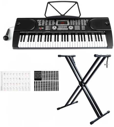 61 Key Electronic Keyboard Digital Piano Workstation MP3 Music Instrument With Microphone + Keyboard Stand - Black (With Double Braced Stand)