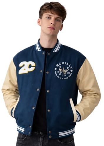 2chilly Veste universitaire pour homme avec manches en cuir vintage Varsity Veste en cuir Veste en cuir Style années 50 College Palm Bay Florida Édition limitée Veste d'hiver, Bleu pétrole/beige, 4XL
