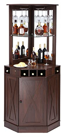 VEVOR Industrieller Eck-Barschrank, Weintisch für Spirituosen und Gläser, Sideboard-Buffetschrank mit Glashalter, Freistehender Kaffee-Barschrank aus Bauernholz für Wohnzimmer, Hausbar, Walnussholz