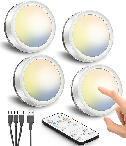 USB Aufladbar LED Spot mit Akku und Fernbedienung, Wiederaufladbar Kabellos Vitrinenbeleuchtung Magnetische Unterbauleuchte Küche Rund Schranklicht Batterie Regalbeleuchtung Touch Lampe zum Kleben