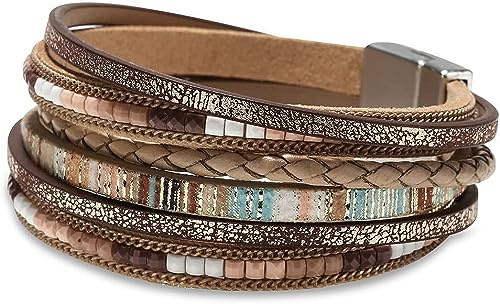 aesdox Leder Armband für Frauen Damen, Leopard mehrschichtige Kristallperlen Manschette Armbänder Geschenk