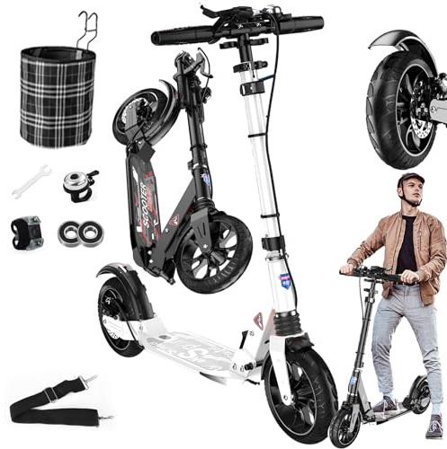 GHBXJX City Roller Erwachsene 150 kg Tragkraft Big Wheel Scooter, Klappbarer Cityroller mit Handbremse und Doppelten Federung, Tretroller Kinder, Höhenverstellbar Kickscooter,Weiß