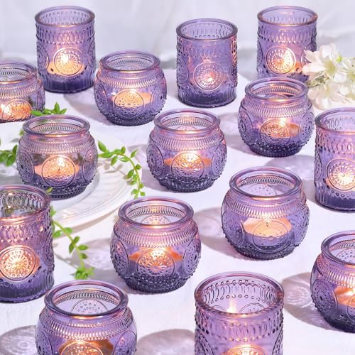 30pcs Assorted Purple Votive Candle Holders for Wedding Decorations, Boho Glass TeaLight Candle Holder, Wedding Table Centerpieces, Bridal Shower Decorations, Retro Purple Party Decor, Party Favors