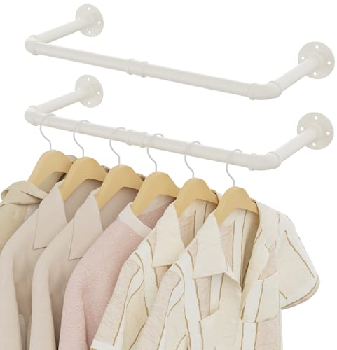 YheenLf Perchero de Pared Tubo Industrial, 64cm Barra de Armario para Colgar Ropa, Riel Colgante Desmontable, Ahorro de Espacio, Fácil Instalación, Beige, 2-Pack
