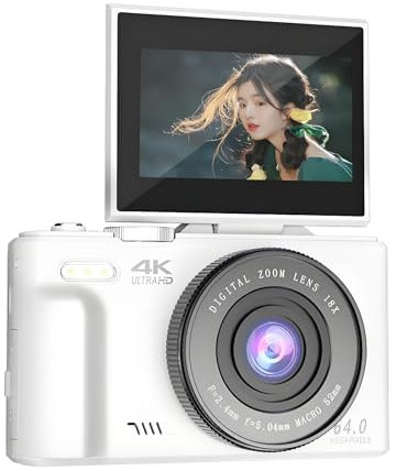 Cámara Digital 4K de 64MP con Zoom 18X, Pantalla IPS, Balance de Blancos, Estabilización, Detección de Rostros para Fotografía, Vlogging (White)