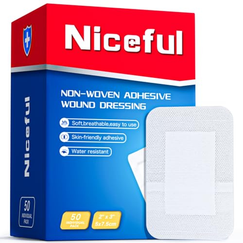 Niceful 50Pcs Adhesive Gauze Island Dressing 2x3, Water-Resistant Wound Dressing, Sterile & Absorbent Medical Grade Dressing Pad First Aid Dressing Pads