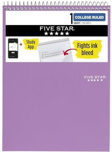 Five Star Top Spiral Notebook + Study App, 1 Subject, College Ruled Notepad, 8-1/2 x 11, 100 Sheets, Fights Ink Bleed, Water Resistant Cover, Amethyst Purple (820058B-ECM)