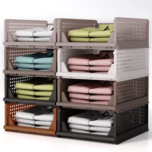 RMAN® 8 pcs Organizador Armario Organizador Cajones Extraíbles de Plastico Plegable y Apilable Ordenar Armario Cajas Almacenaje Ropa para Cocina Dormitorio Baño - Marrón