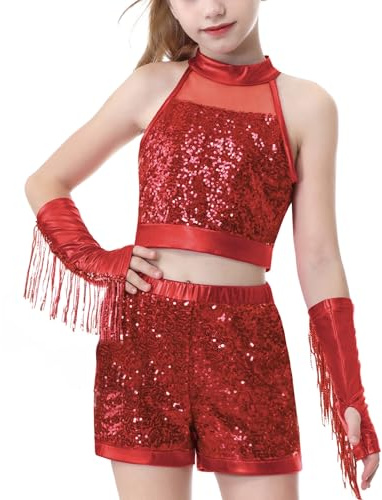 LOLANTA Traje Lentejuelas Niña Hip Hop, Top Sin Mangas y Short para Baile | Conjuntos de lentejuelas,trajes de hip hop,ropa de baile brillante,para presentaciones en el escenario y competencias