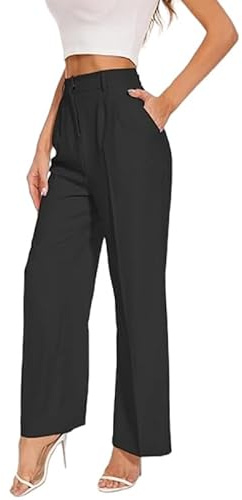 Pantaloni da donna a gamba larga con pieghe sul davanti e tasche, pantaloni lunghi eleganti per abbigliamento da ufficio, pantaloni casual, nero, L